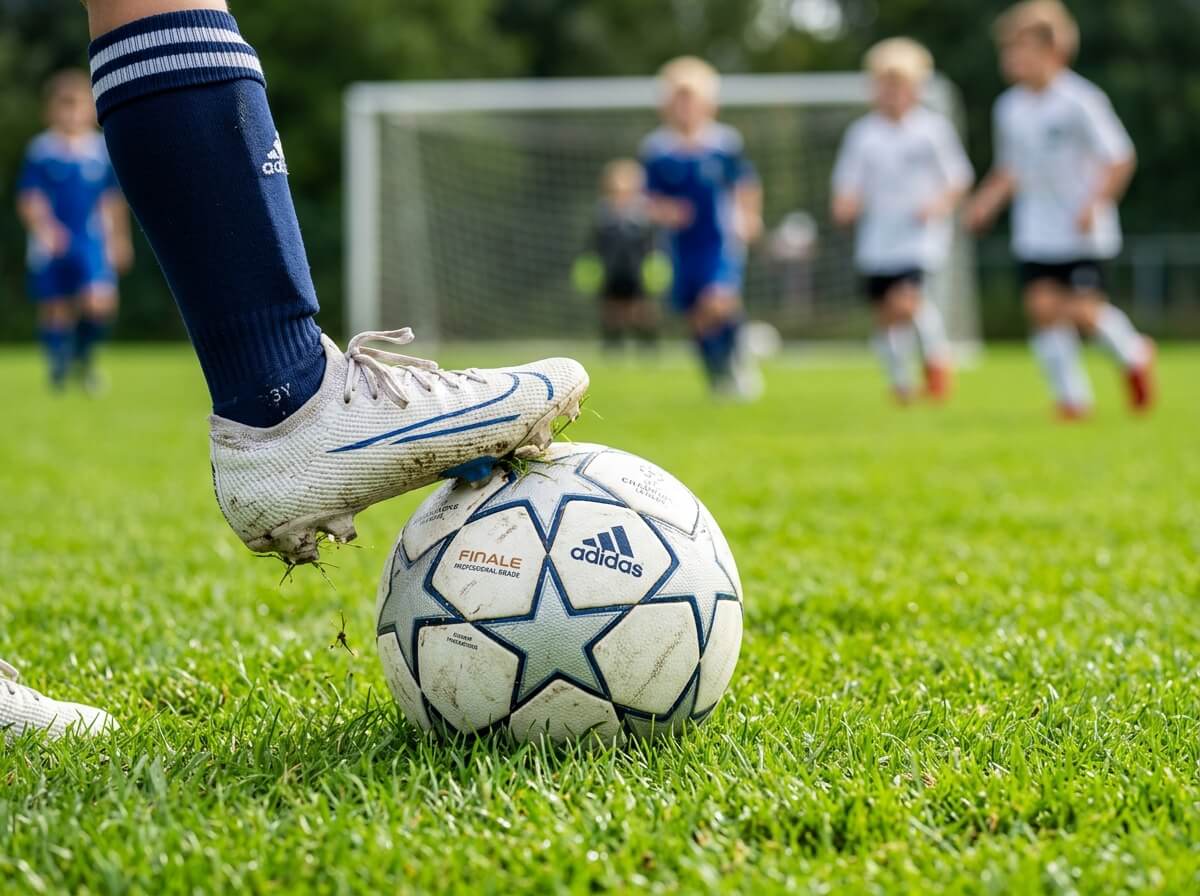 Youth soccer player in blue socks controlling Adidas ball on green field, blurred teammates in background near goal.